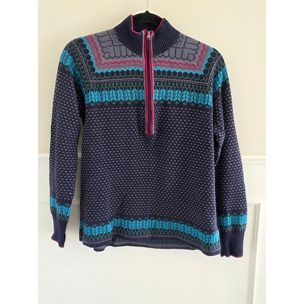 Eddie Bauer Fair Isle Knit‎ Quarter Zip Sweater Navy Blue Multi Color Women M
